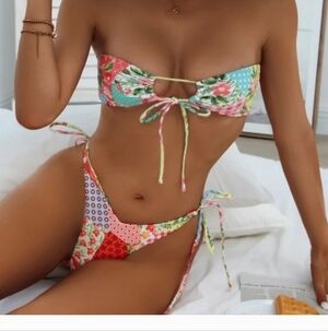 SHEIN Allover Patchwork Print Side Tie Bikini